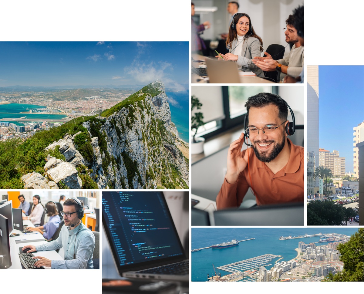 A collage of photographs that represent Taurus Insurance Services as company, which include pictures of Gibraltar, the office, and our call centre.