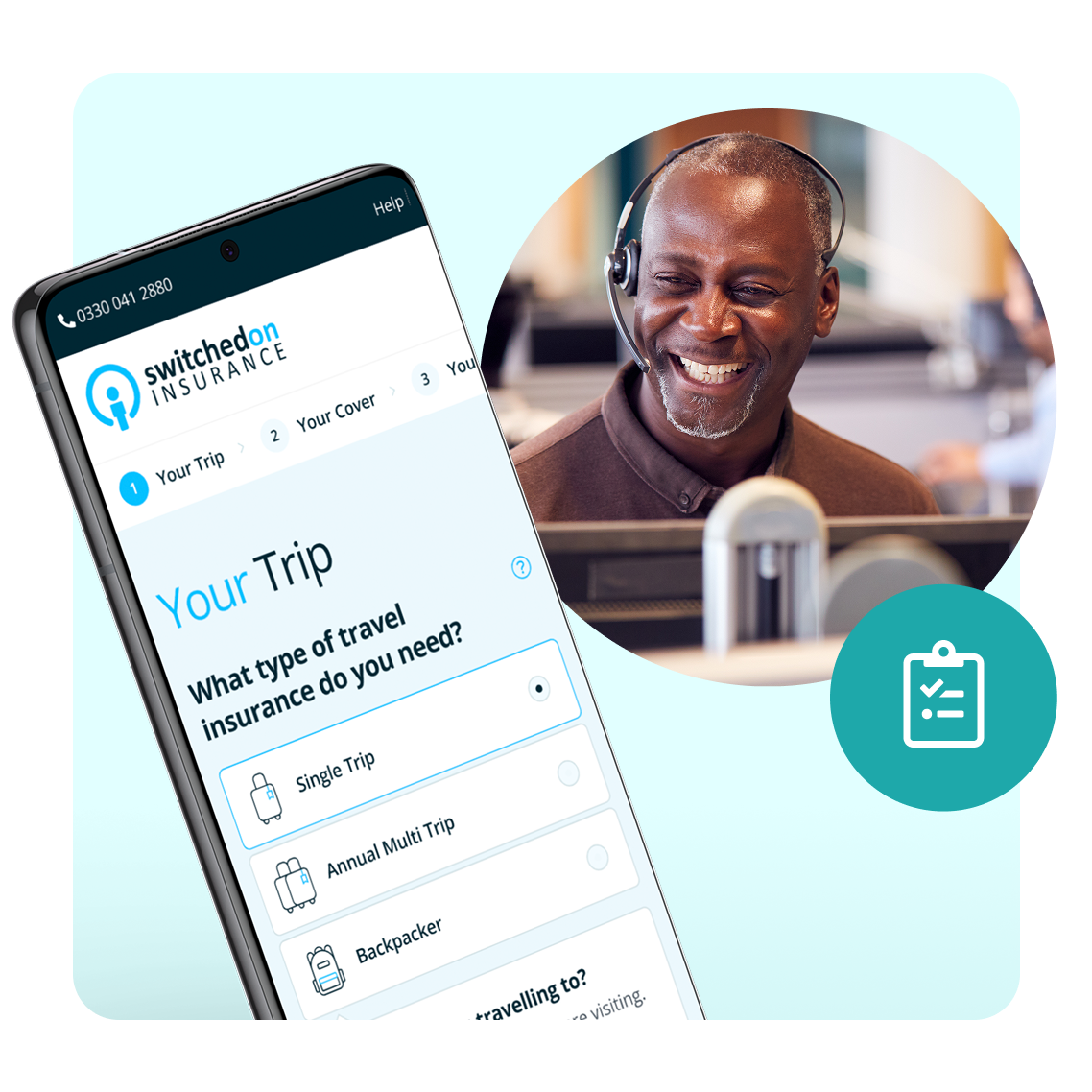 a collage of the Switched On Insurance website, a customer service rep and a checkboard