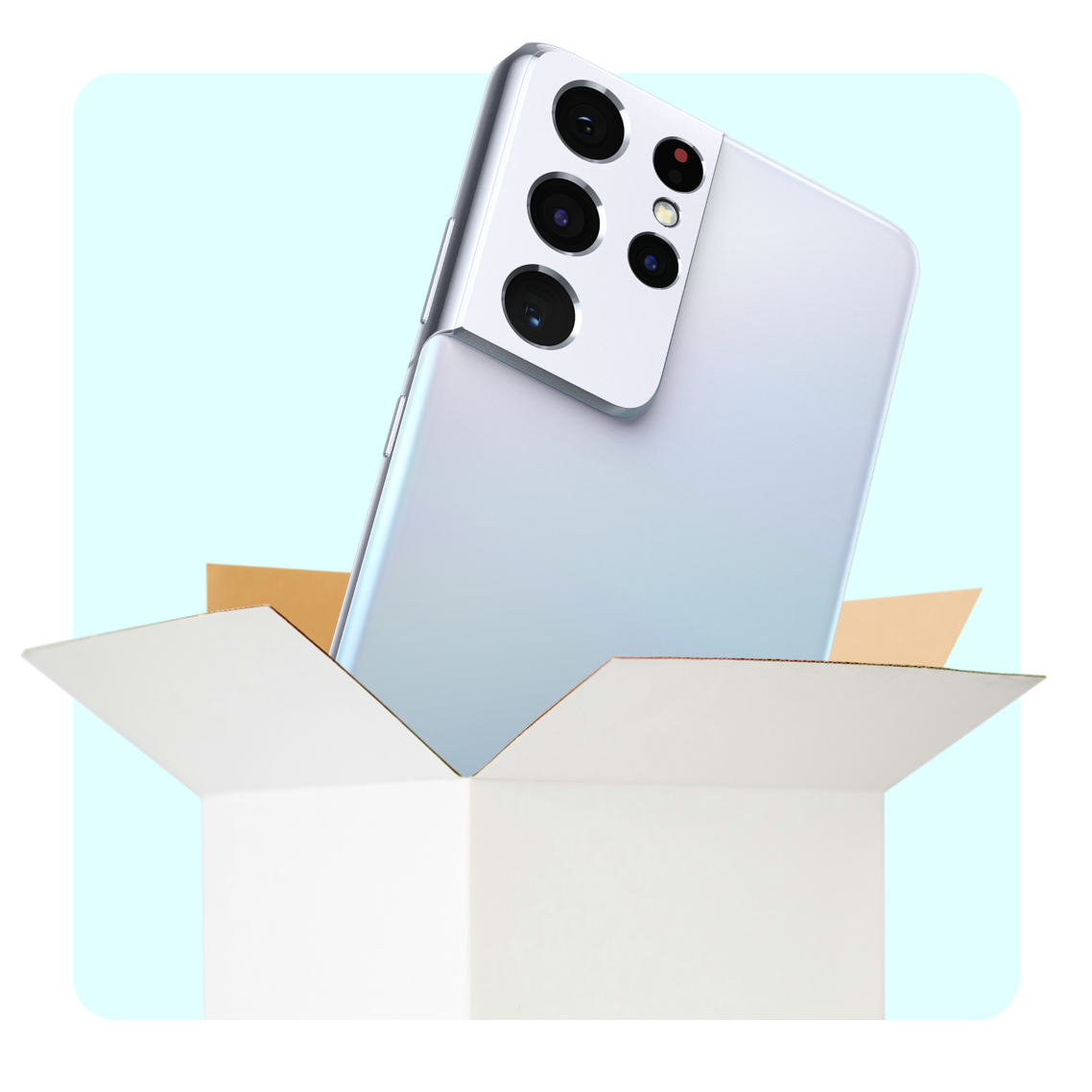 a Samsung phone bursting out of a delivery box