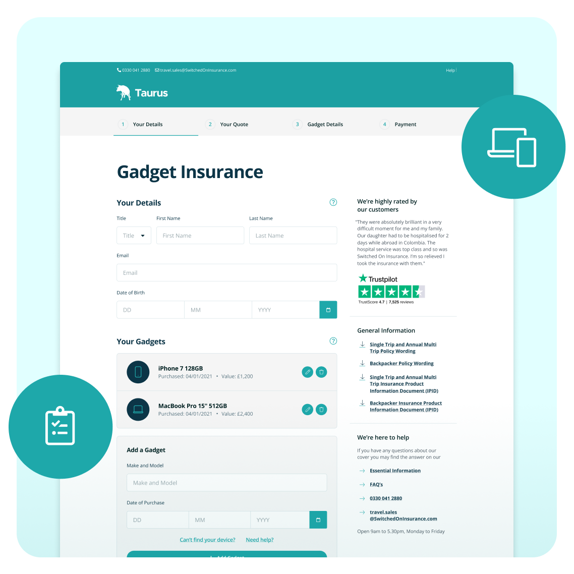 A gadget insurance quote website on a desktop screen